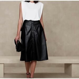New Banana Republic Vegan Faux Leather Button Front Midi Skirt Black Size 12